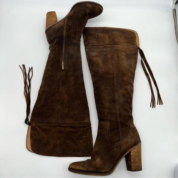 Franco Sarto Elnora Brown Suede Over the Knee Block Heeled Boots w/Tassel - Picture 1 of 13